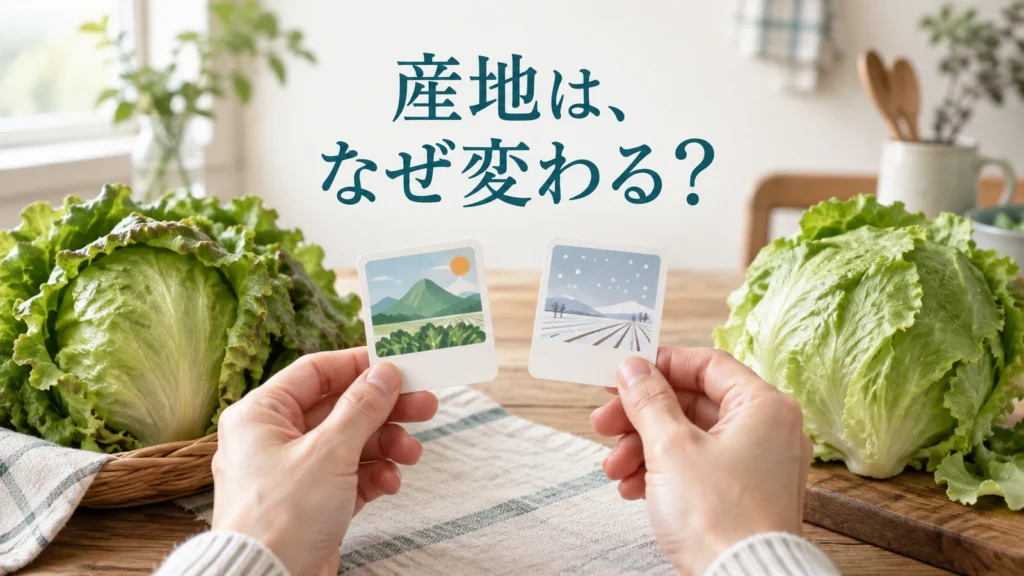 店頭のレタスの産地が季節によって変わる理由を問いかける編集写真