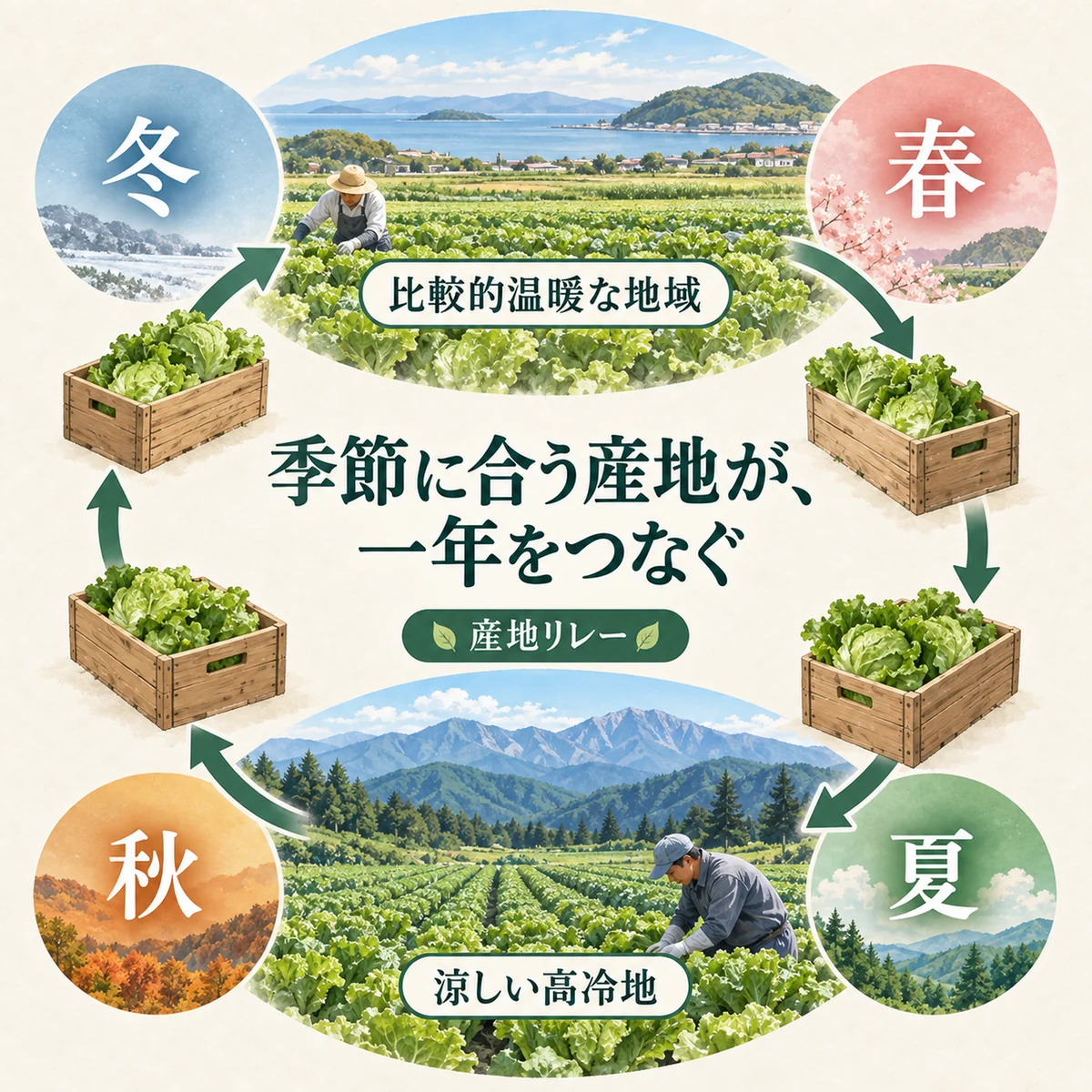 冬・春の暖地→夏秋の高冷地→冬の暖地へ戻る一年の全体像