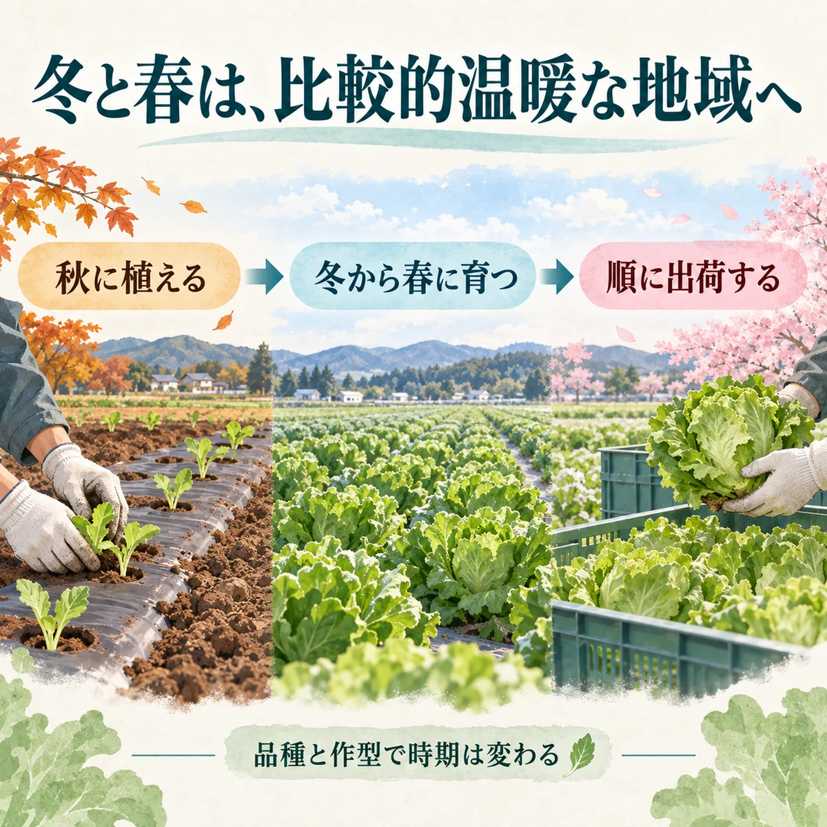 暖地の秋植え・冬春収穫を示す生活者向け概念図