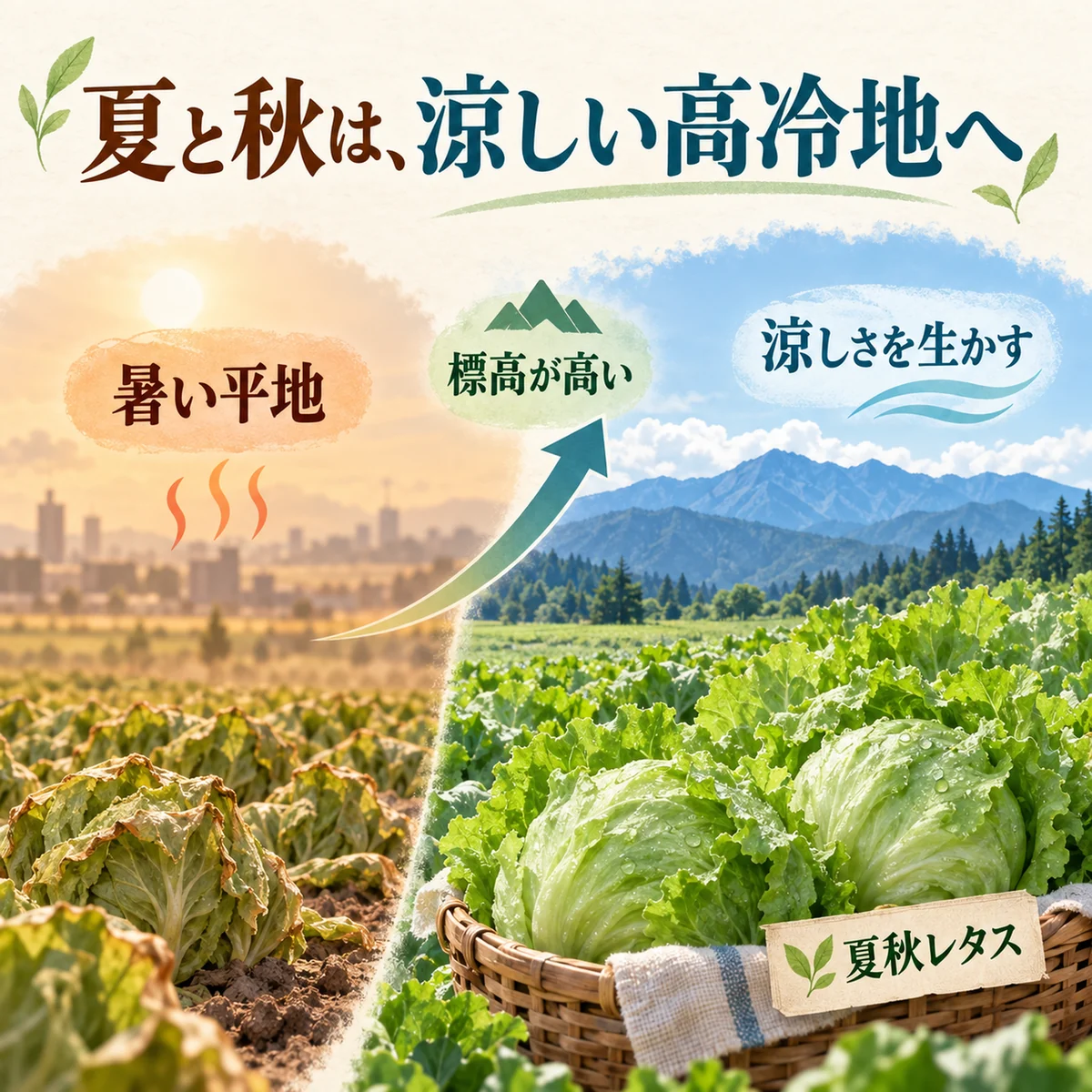 平地の暑さと高冷地の涼しさを比較する図