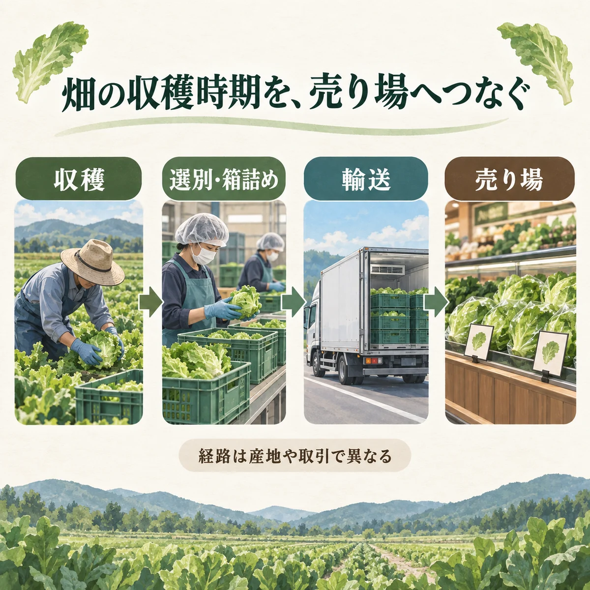 畑→選別・箱詰め→輸送→売り場の流れ