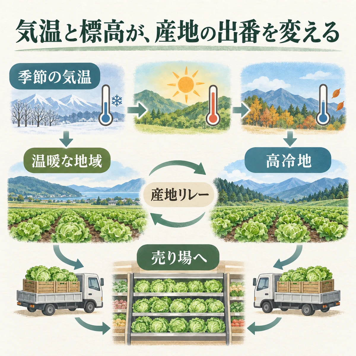 気温・標高・出荷時期・売り場を統合した図