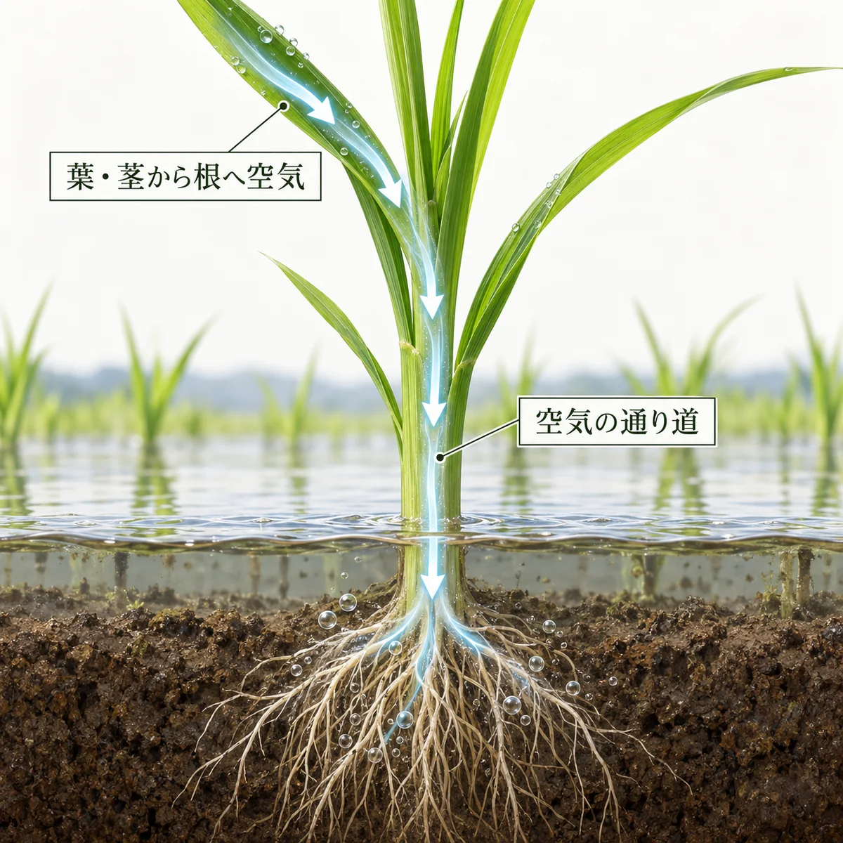 イネの葉や茎から根へ空気が届く通路を示す概念図