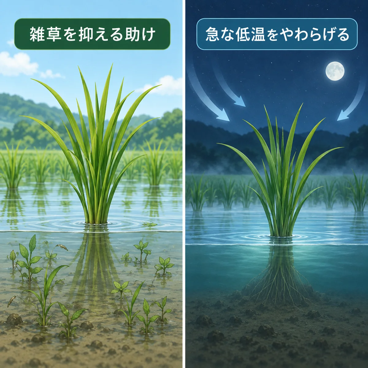 田んぼの水が一部の雑草と急な温度変化を抑える様子