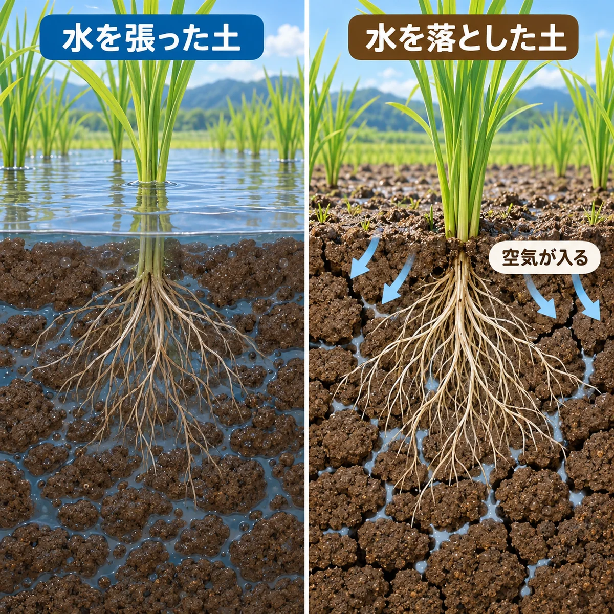 水を張った土と水を抜いた土で空気の入り方が変わる様子