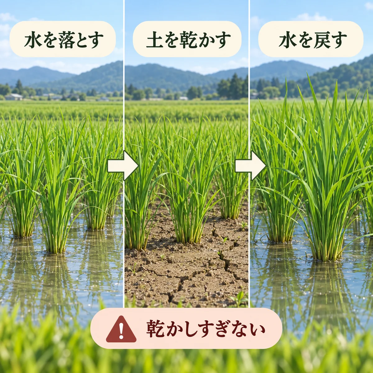 保水、水位調整、中干し、再入水、落水をイネの成長に沿って示す図