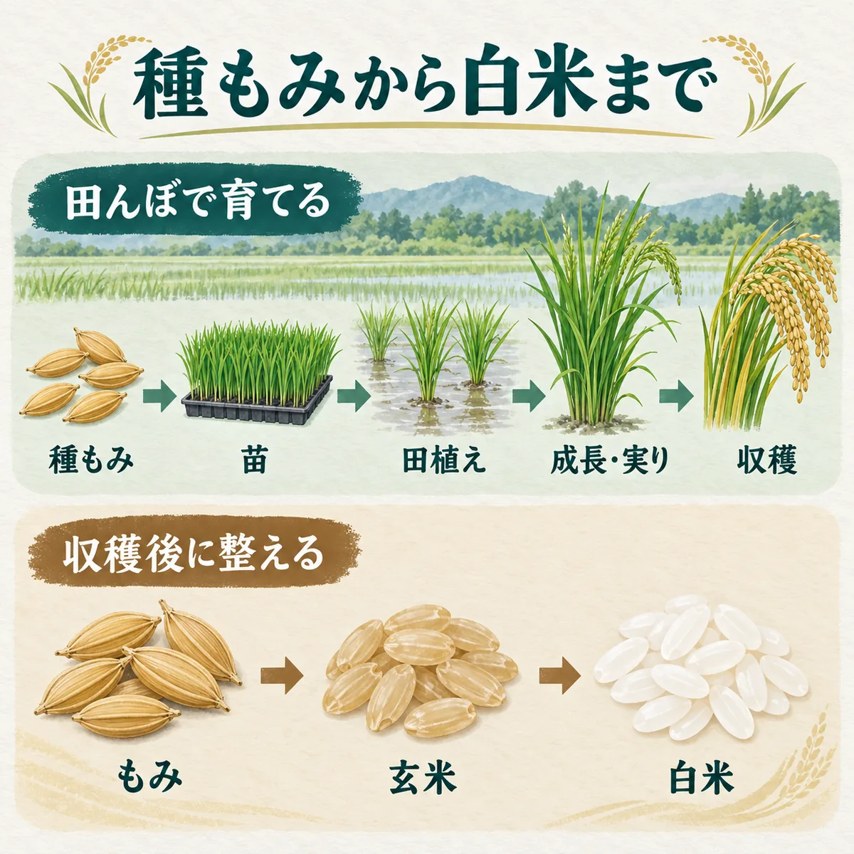種もみ、苗、田植え、成長、収穫、もみ、玄米、白米を順に示す米作りの全体像