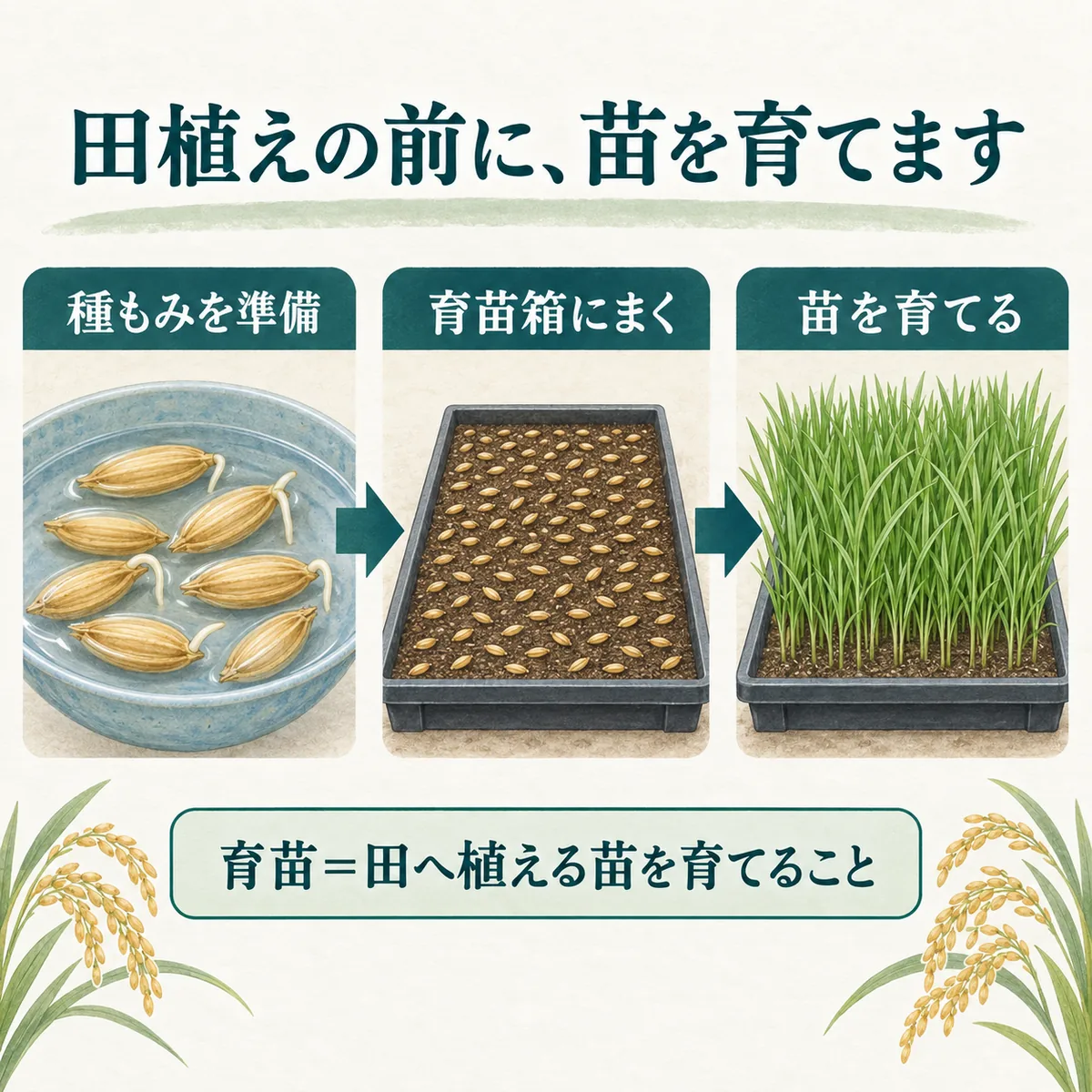 種もみを準備し、育苗箱へまき、田植え用の苗を育てる流れ