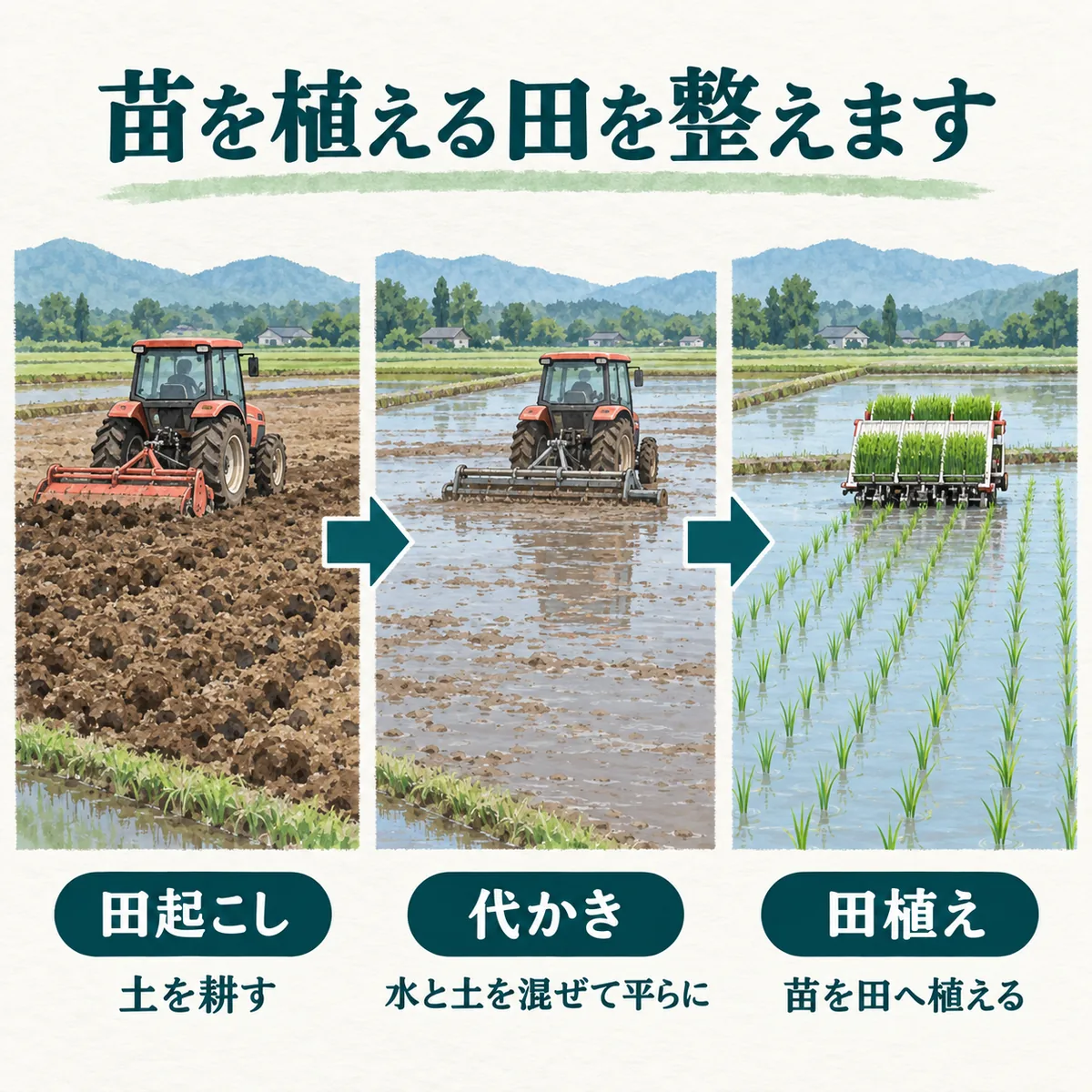 田起こしで土を耕し、代かきで平らにしてから苗を田植えする流れ