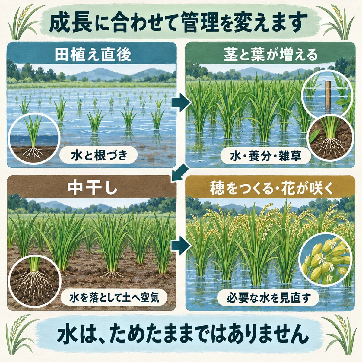 田植え直後、茎葉の成長、中干し、穂の形成で管理目的が変わる図