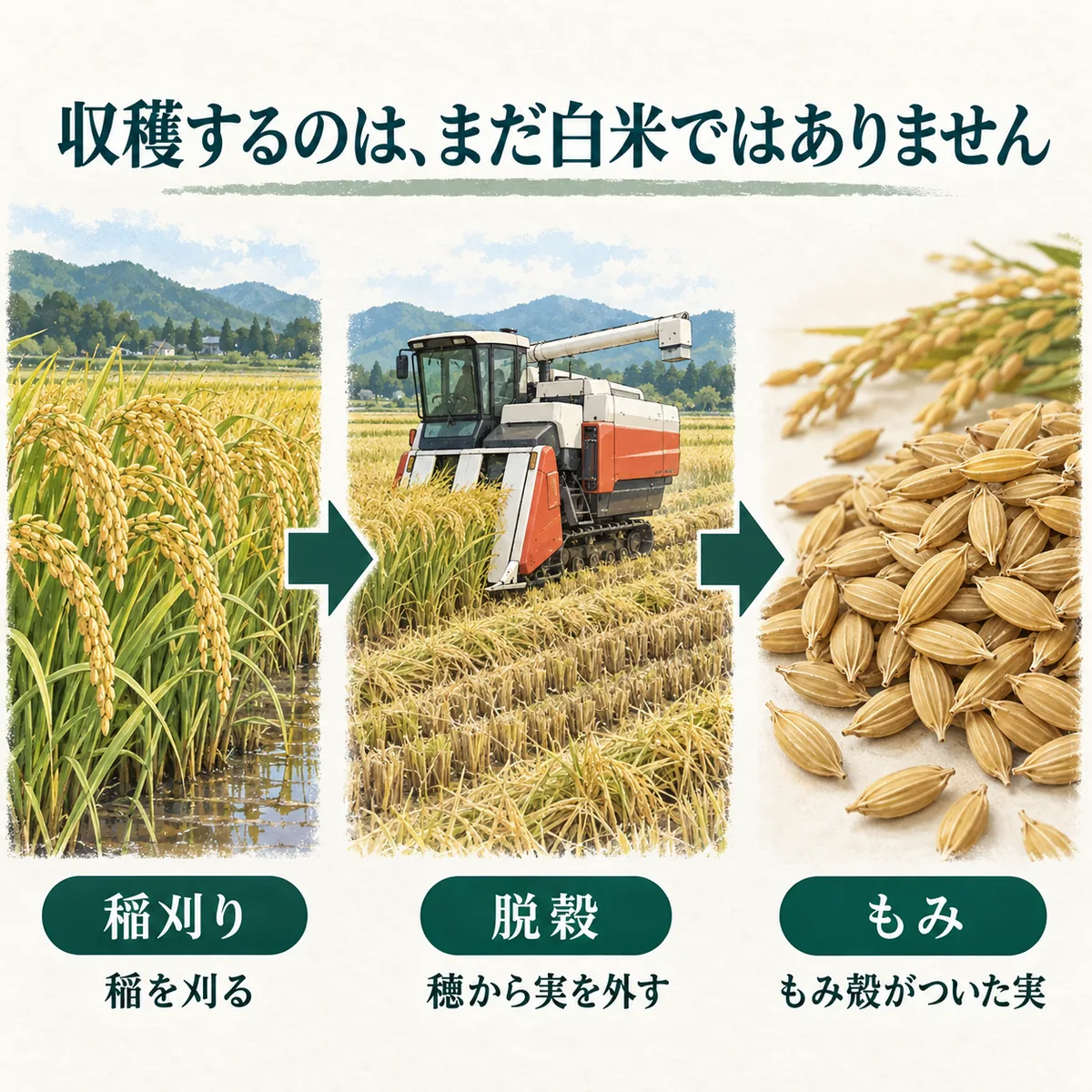 成熟した稲を刈り、脱穀してもみを得る収穫工程