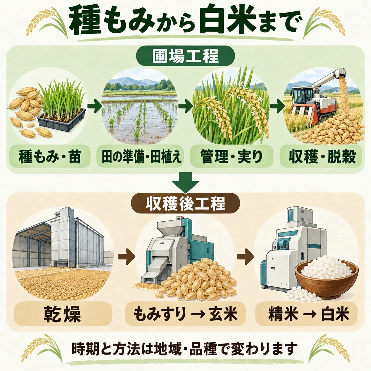 種もみから収穫・脱穀までの圃場工程と、乾燥から白米までの収穫後工程を一枚にまとめた図