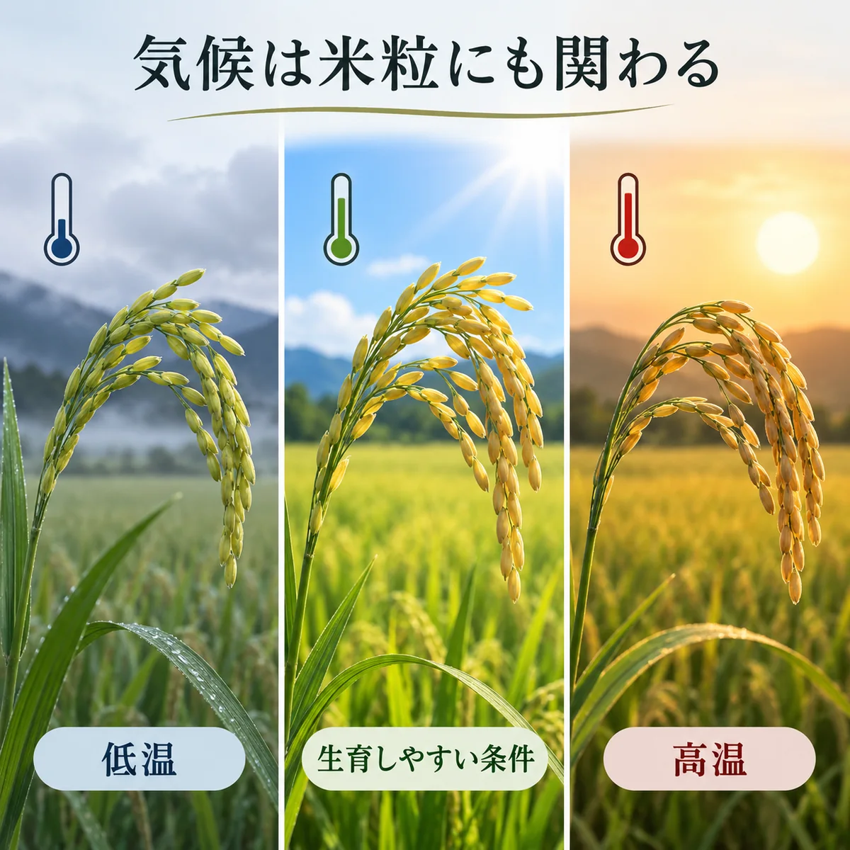 イネの生育期間に低温と高温の両方への対応が必要なことを示す図