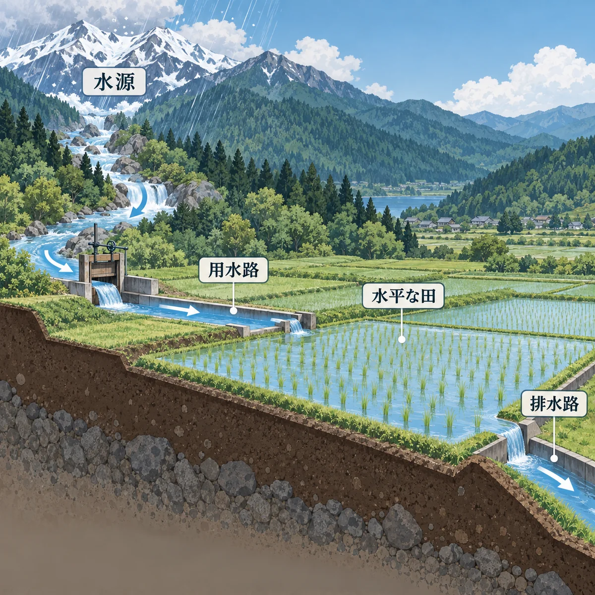 水源、水路、平らな田、排水路がそろう水田地帯の仕組み
