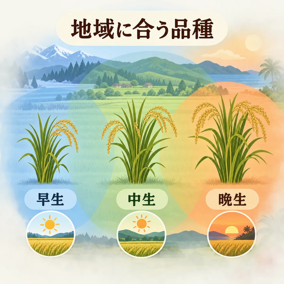 地域の気候や作業時期に合わせて早生・中生・晩生を選ぶ様子