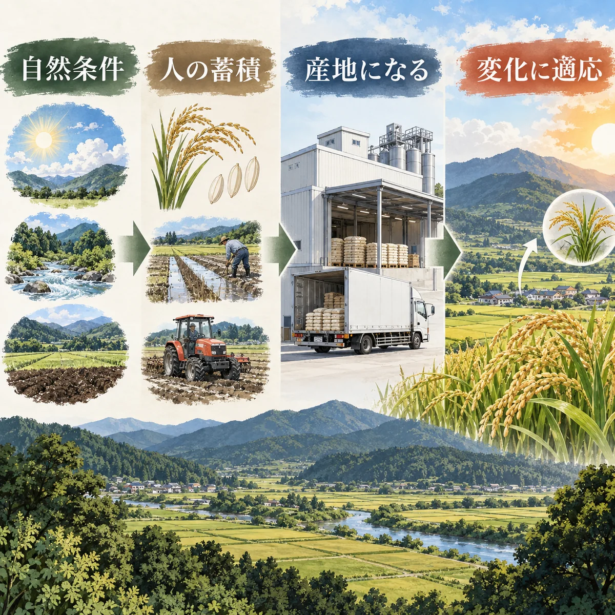 自然条件へ品種、設備、技術を積み重ねて米の産地が成立する図