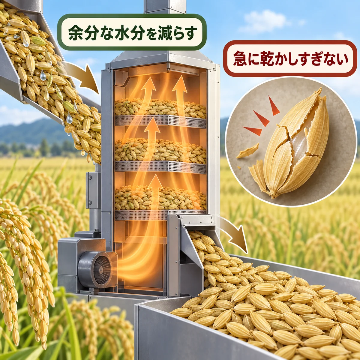 収穫直後のもみから余分な水分を減らして乾燥もみにする工程
