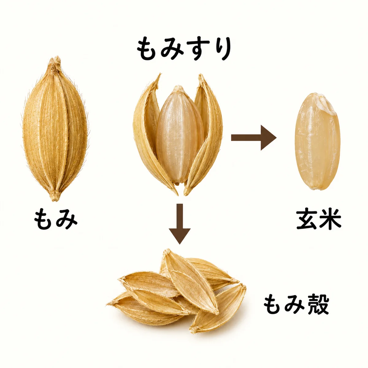 乾燥もみからもみ殻を外し、玄米ともみ殻に分ける工程