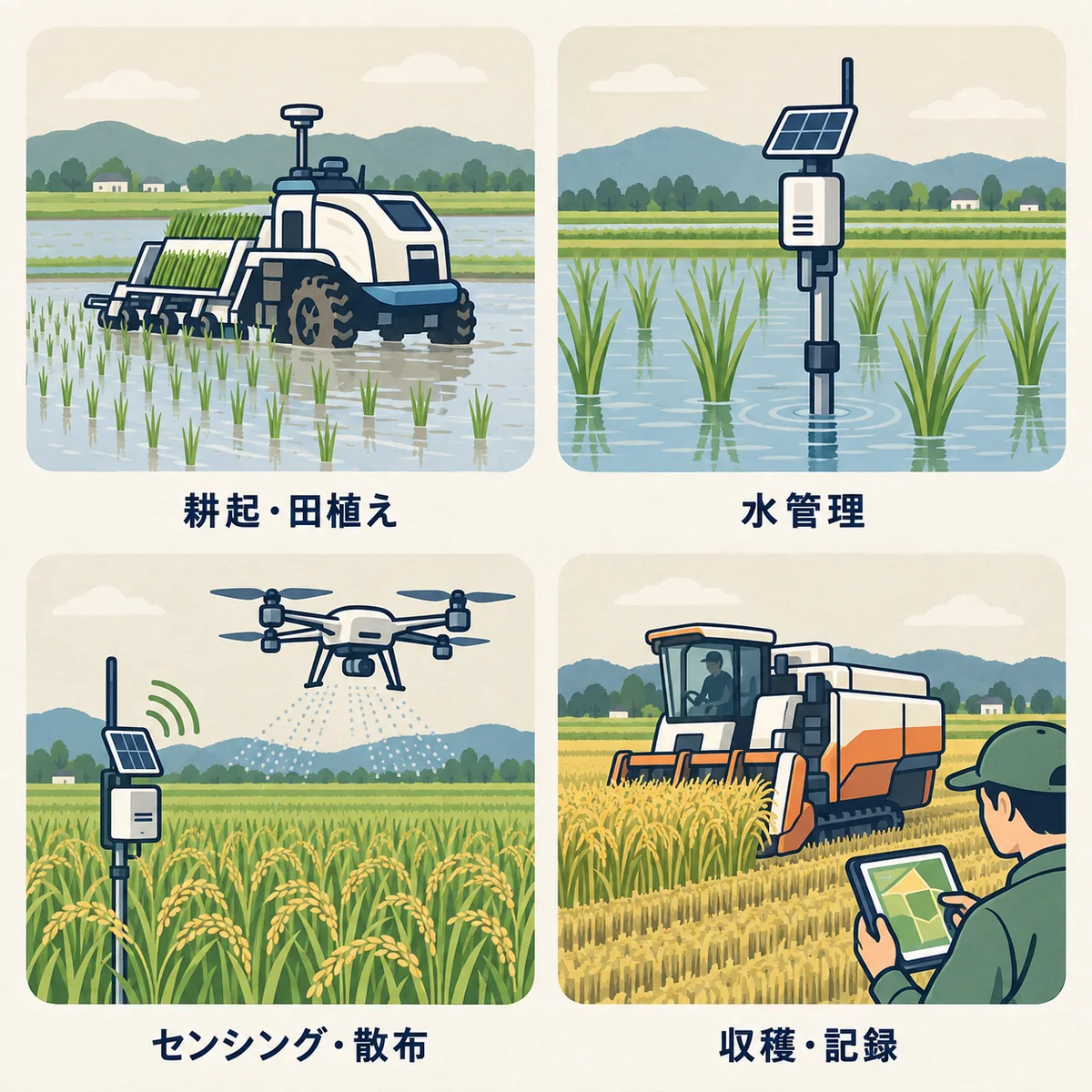 耕起・田植え、水管理、センシング・散布、収穫・記録のスマート米作り全体像
