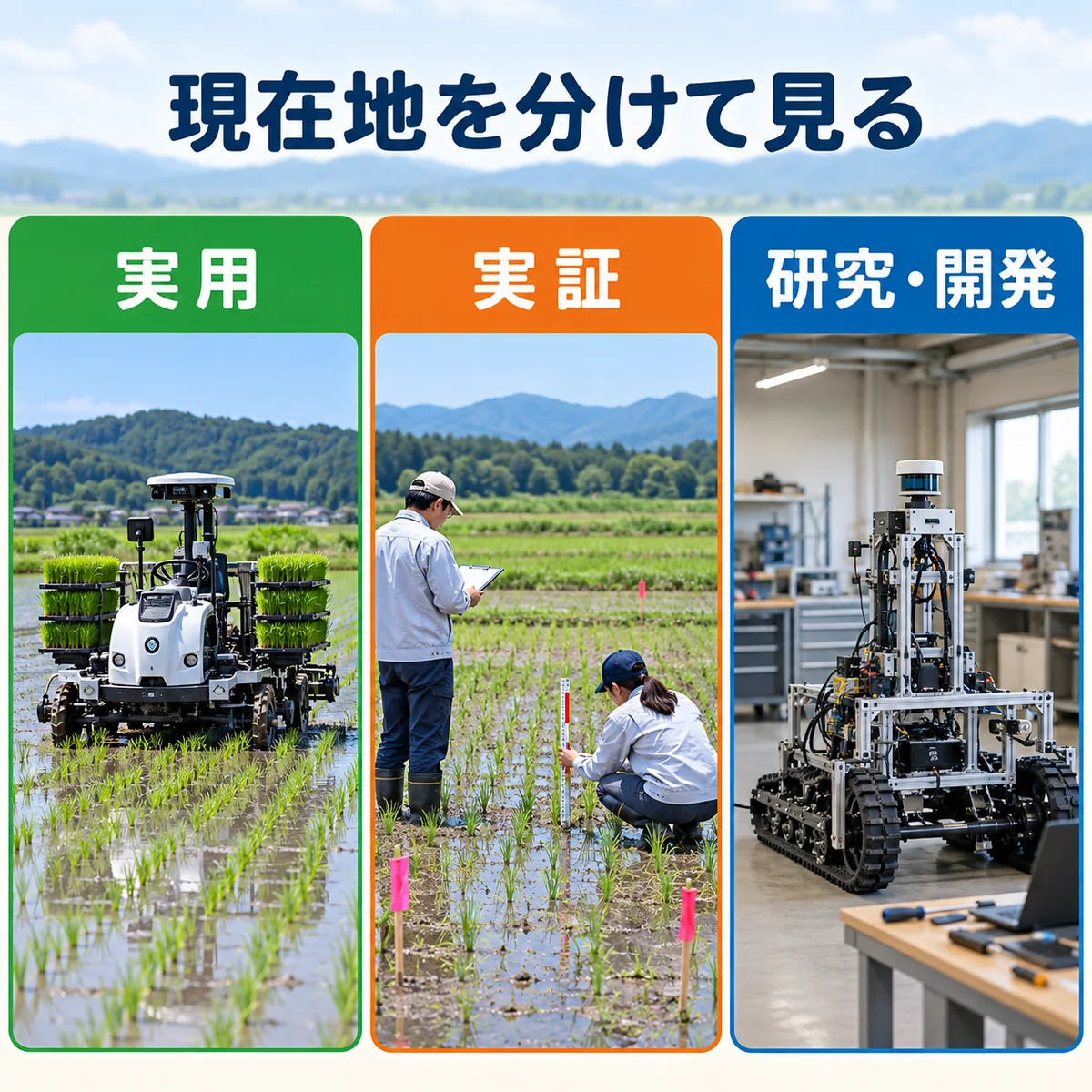 実用化、実証、研究・開発の違いを三段階で示す図