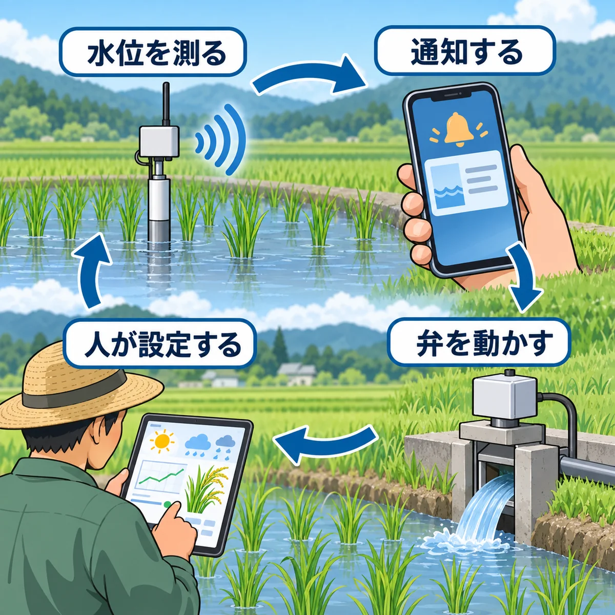 水位をセンサーで測り、人が目標を決めて給排水装置を動かす流れ