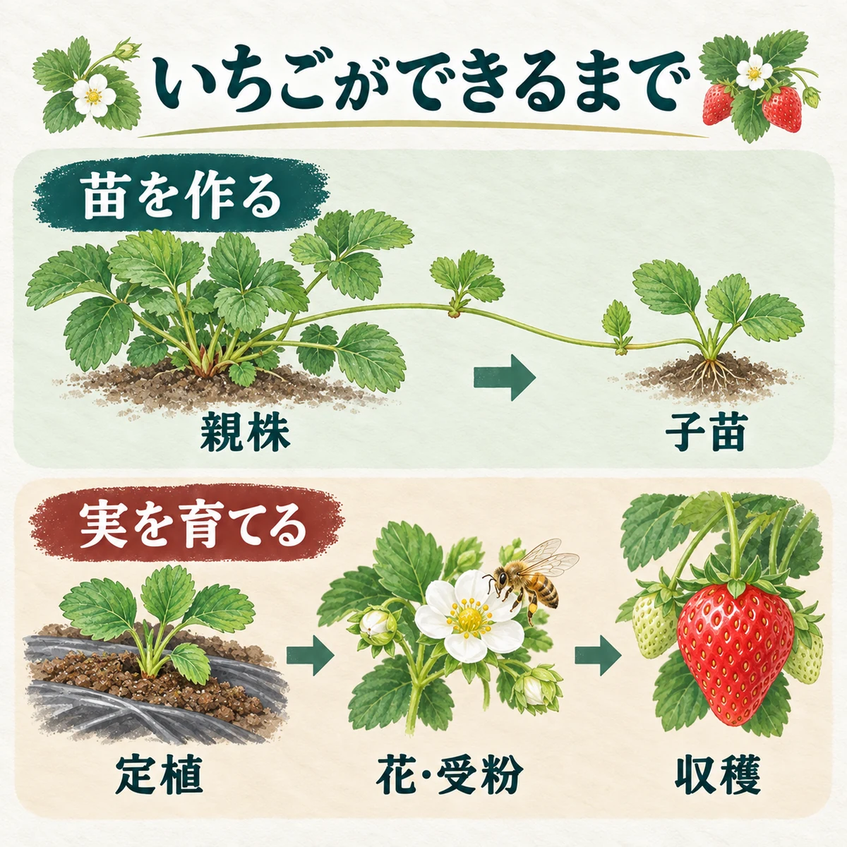 親株から子苗を増やし、定植、花と受粉、収穫へ進むいちご作りの全体像
