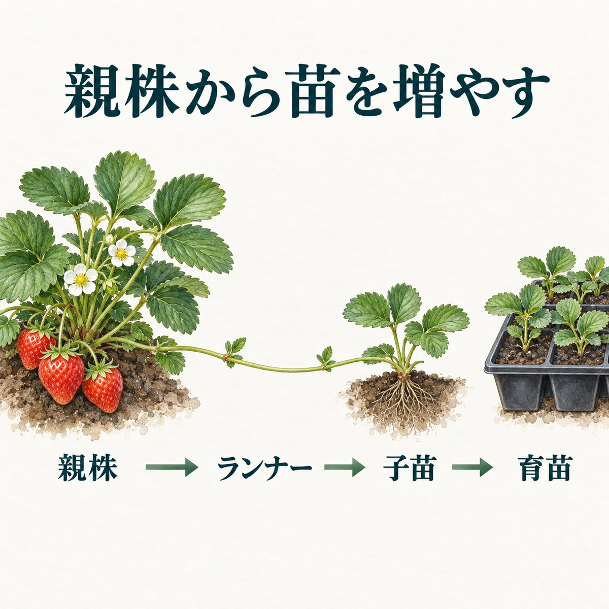 親株から伸びたランナーの先に子苗ができ、育苗へ進む流れ
