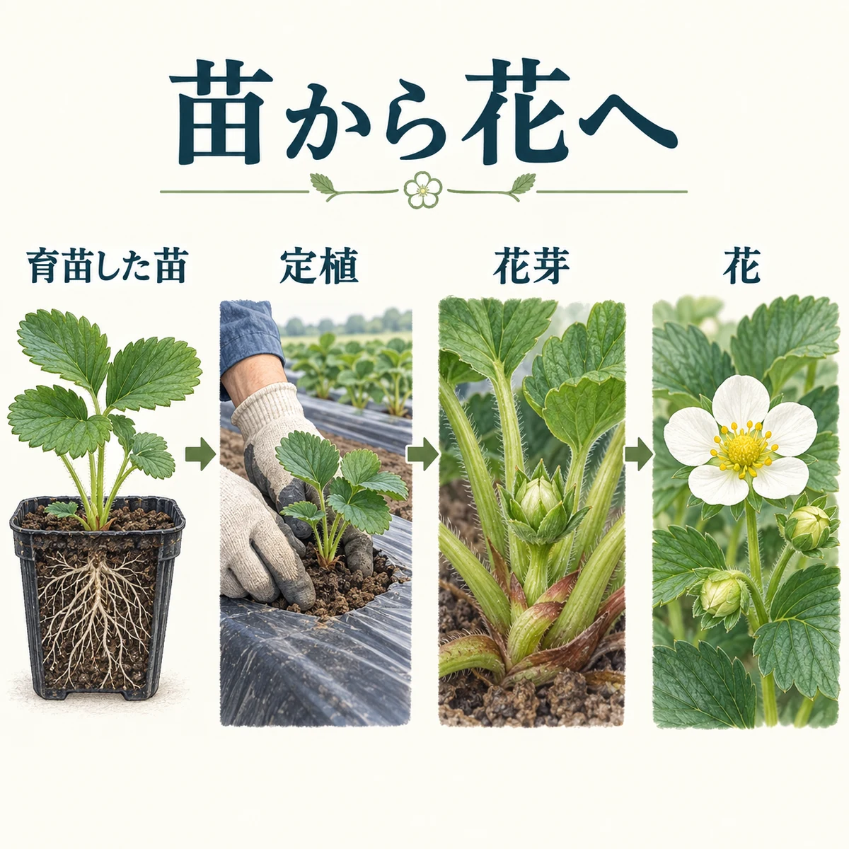 育苗した苗を定植し、花芽を経て花が咲くまでの流れ