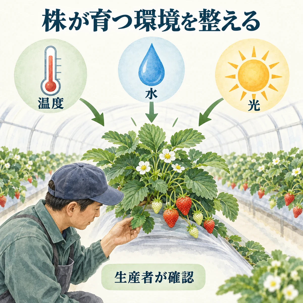 生産者が温度、水、光を確かめ、いちごの株が育つ環境を整える図