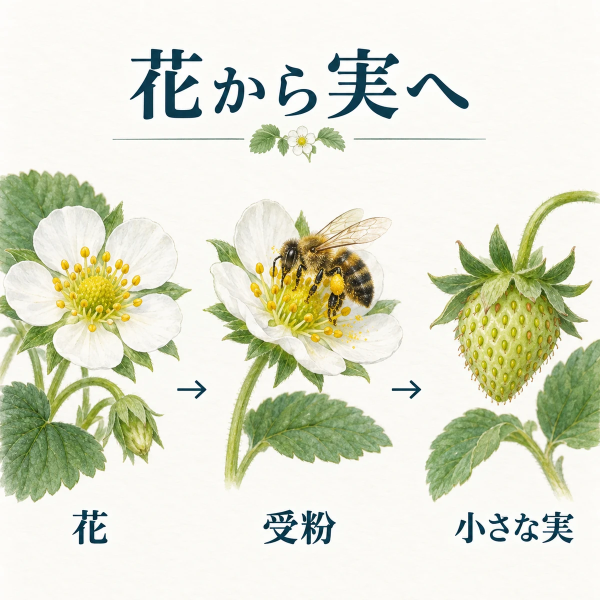 いちごの花、ミツバチが花粉を運ぶ受粉、小さな実の順を示す図