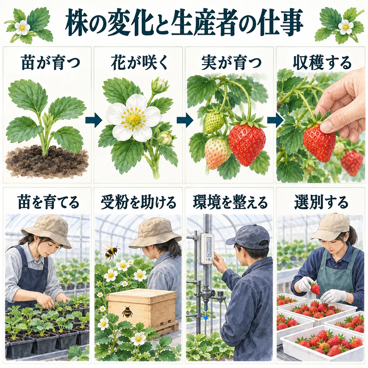 苗、花、実、収穫の変化と、育苗、受粉の補助、環境管理、選別の仕事を対応づけた図