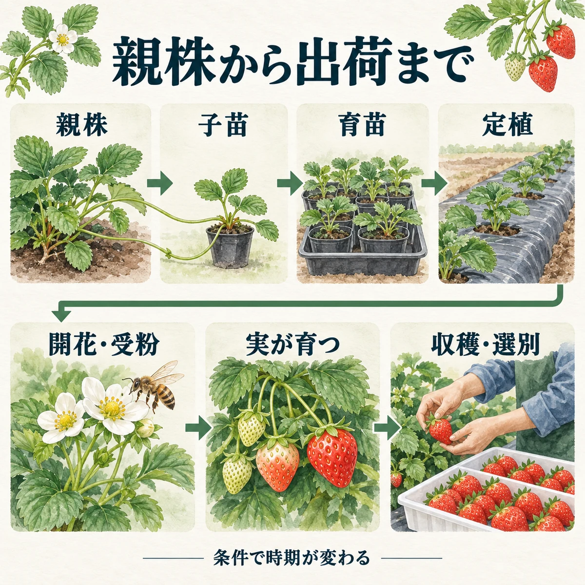親株、子苗、育苗、定植、開花と受粉、実の成長、収穫と選別をまとめた図