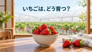 いちごの入った器と窓の向こうの栽培ハウスを示すイメージ
