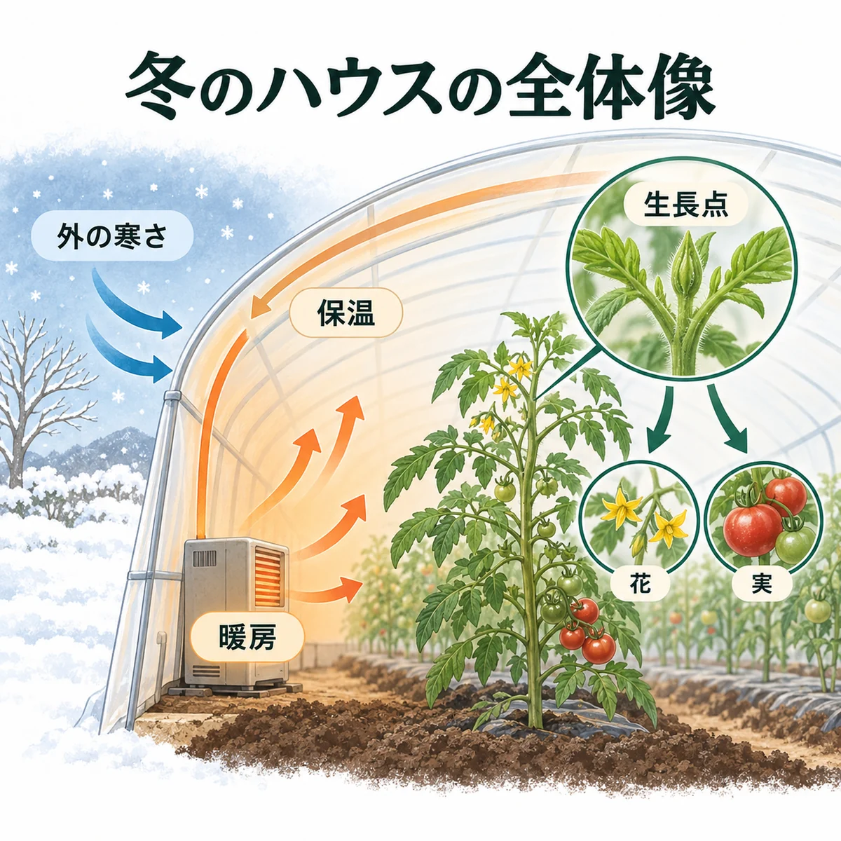 外の寒さ、保温、暖房、トマトの生長点と花・実の関係