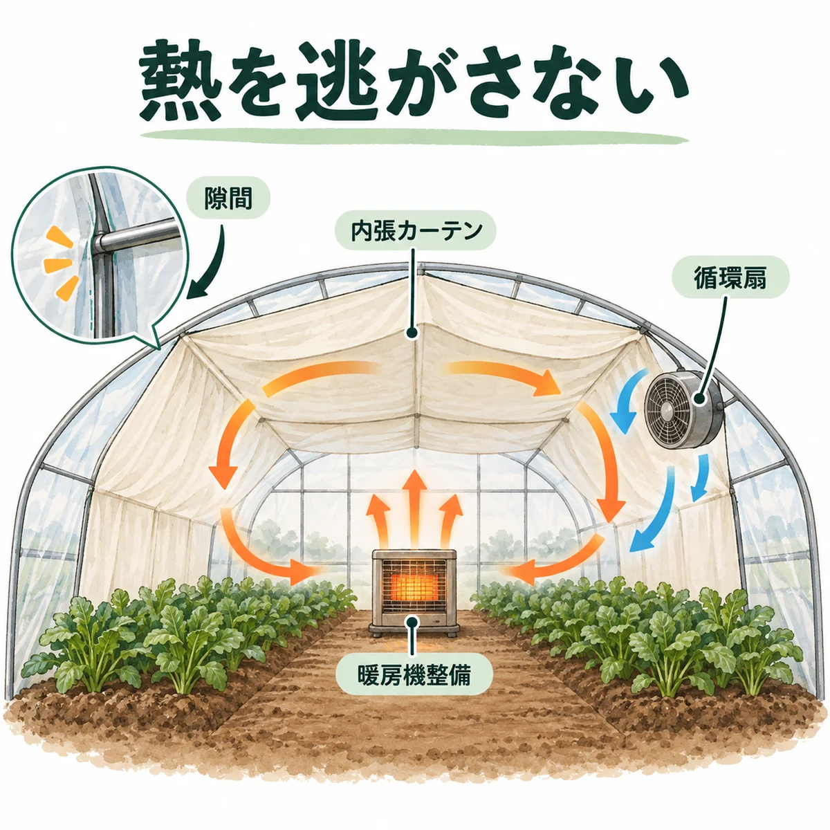隙間、内張カーテン、暖房機整備、循環扇を示す図