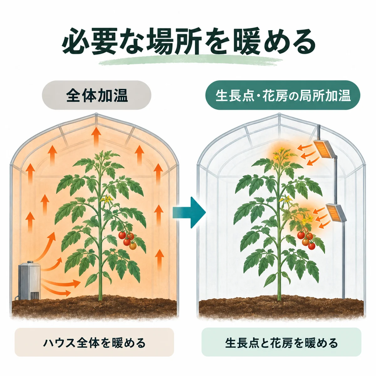 全体加温と生長点・花房の局所加温を比べる図