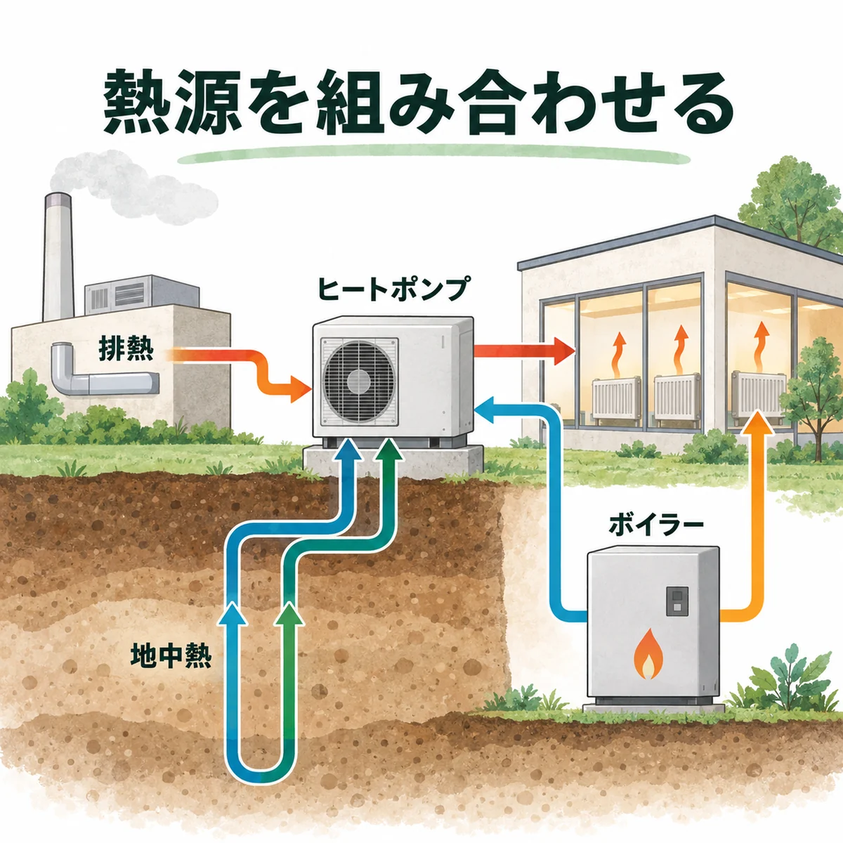 ボイラー、ヒートポンプ、地中熱、排熱の統合図