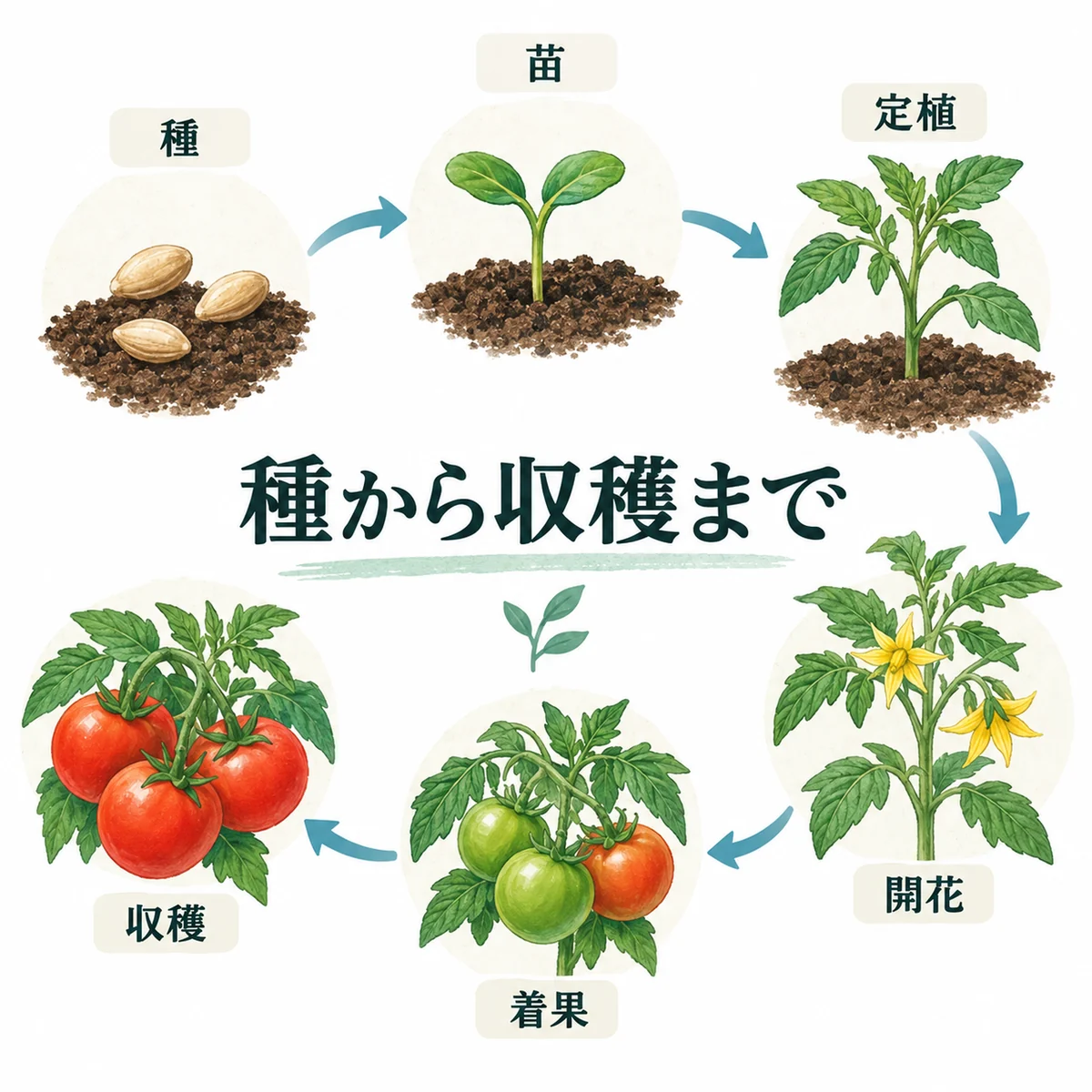 種、苗、定植、開花、着果、収穫の全体工程