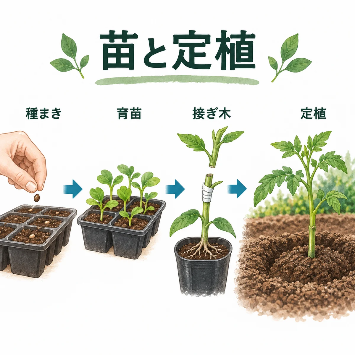 種まき、育苗、接ぎ木の場合、定植を示す図