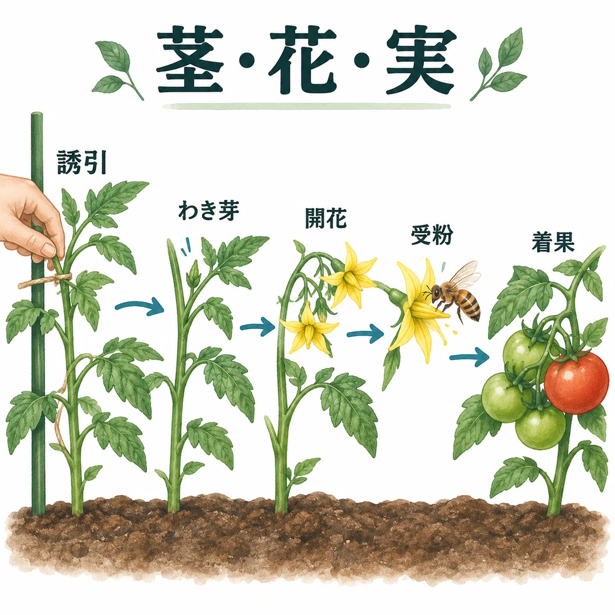 誘引、わき芽、開花、受粉、着果を示す図