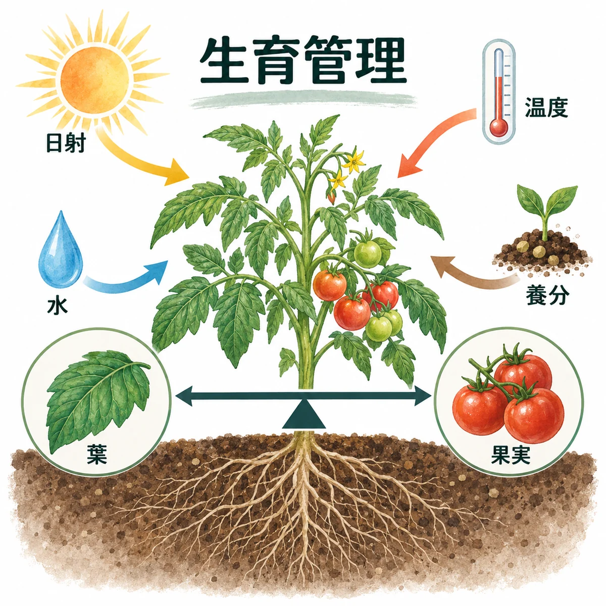 日射、温度、水、養分と葉・果実の釣り合いの統合図