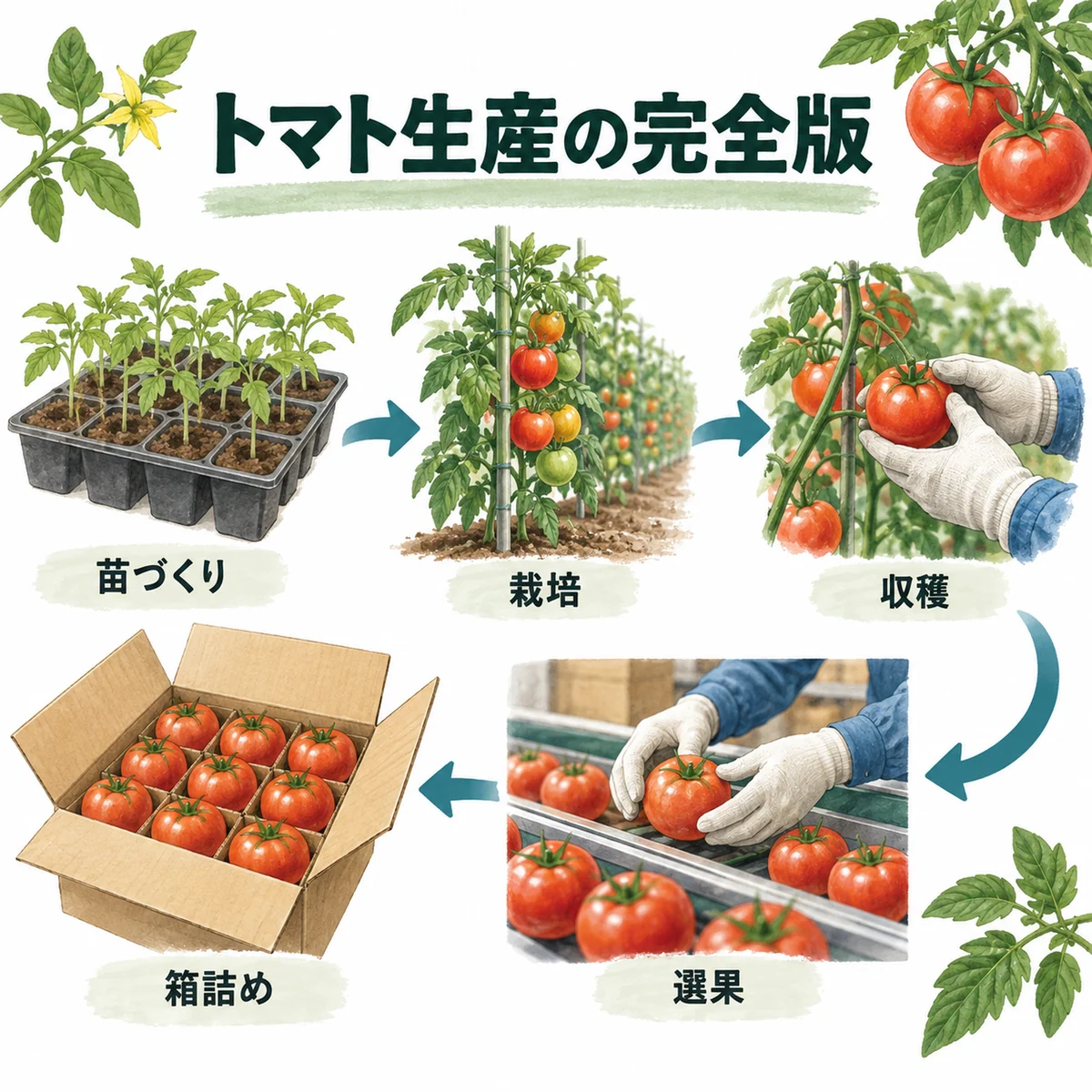 苗づくりから選果・箱詰めまでを一枚で再確認する図