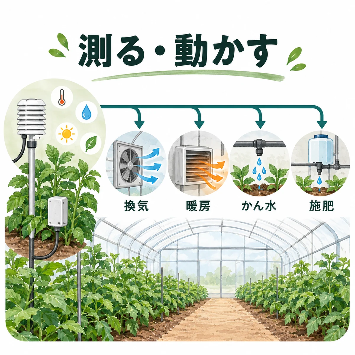 センサーから換気、暖房、かん水、施肥へつなぐ図