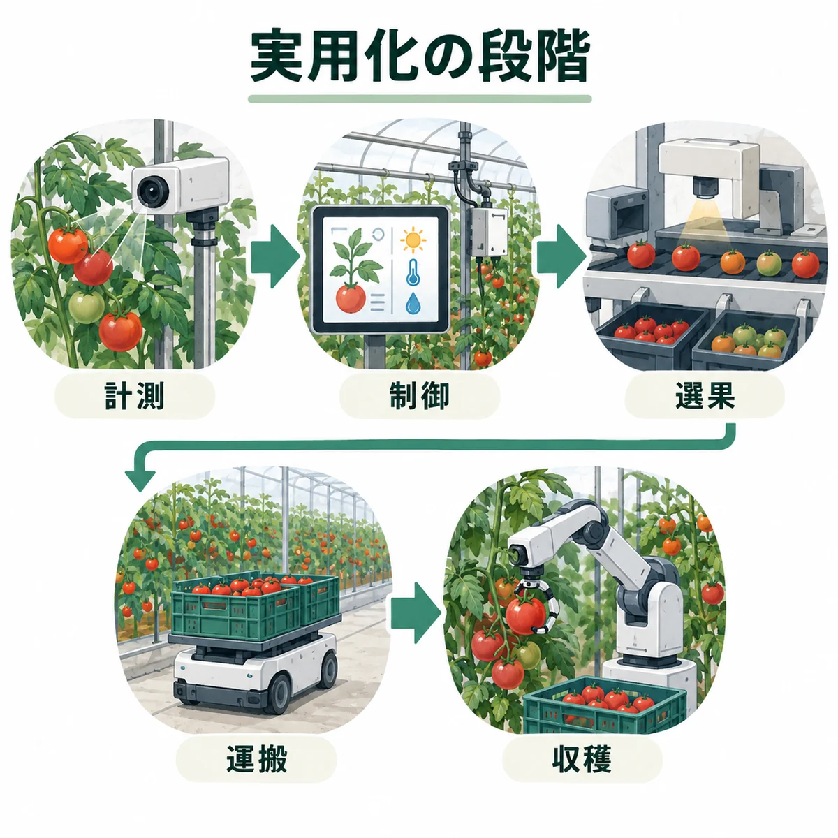 計測、制御、選果、運搬、収穫ロボットの段階を示す統合図