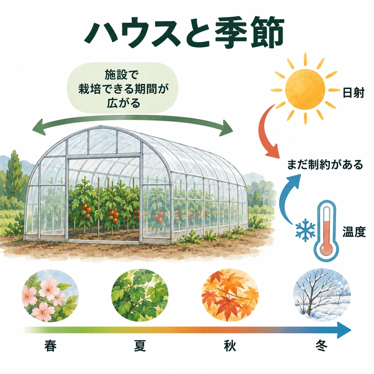 施設が期間を広げる一方で日射と温度の制約が残る統合図