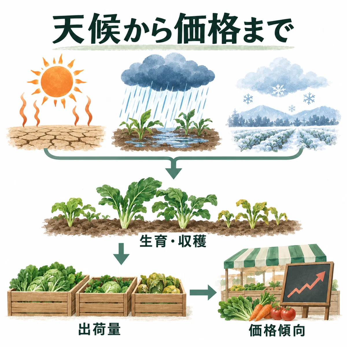 猛暑・大雨・低温→生育・収穫→出荷量→価格傾向の全体像