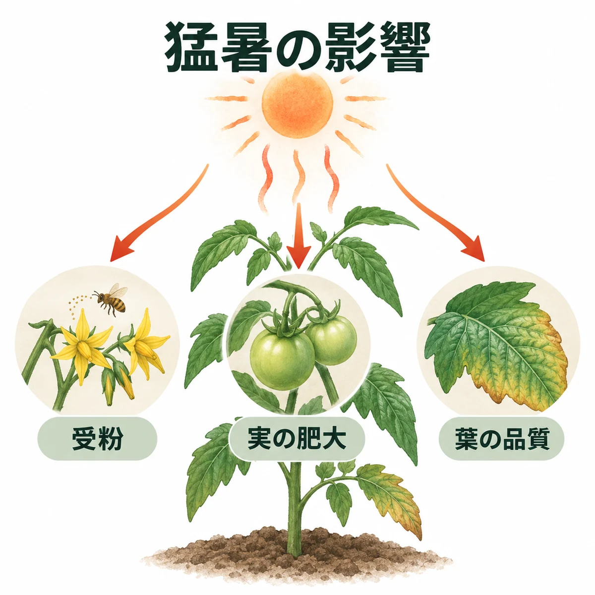 猛暑が受粉、実の肥大、葉の品質へ別々に影響する図