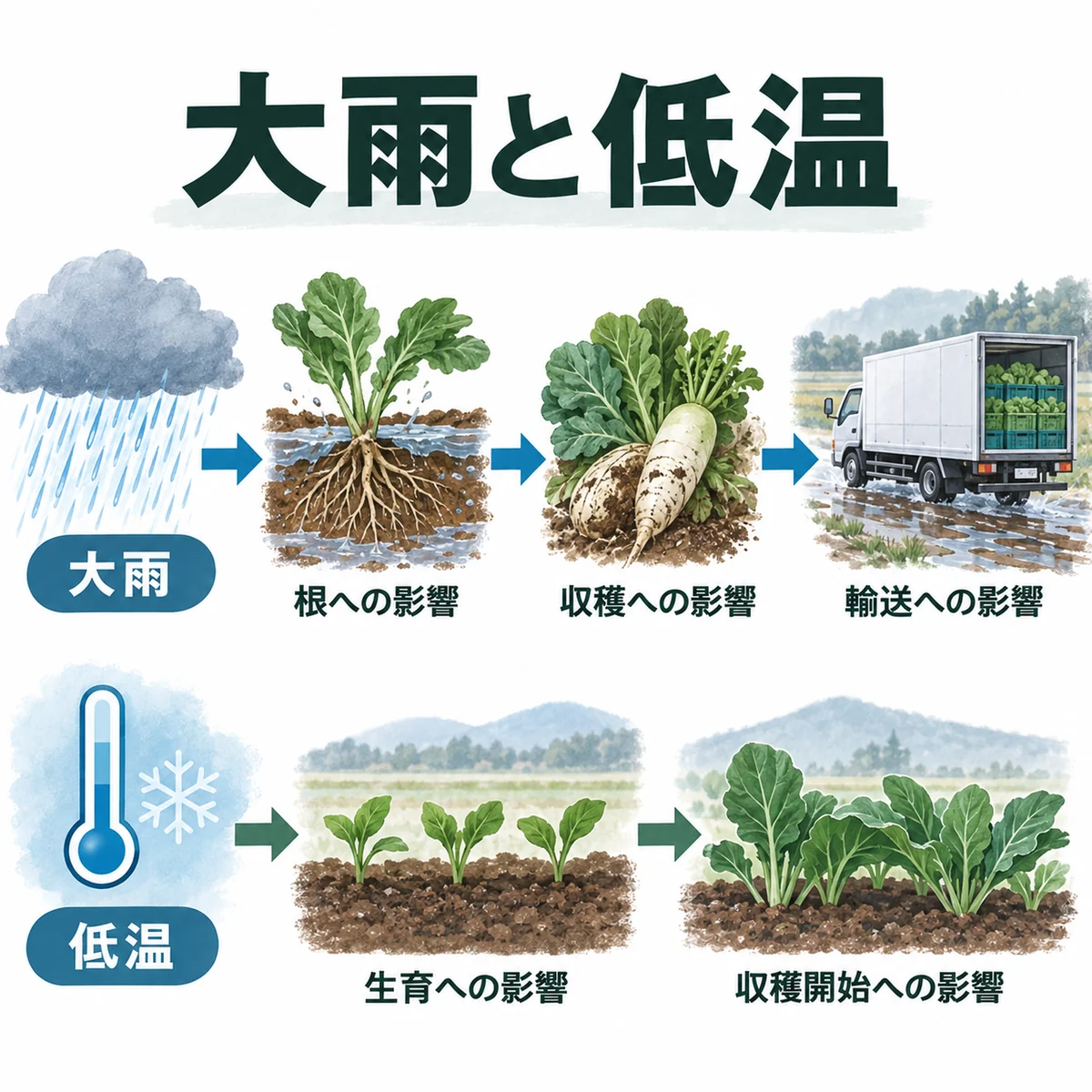 大雨は根・収穫・輸送、低温は生育と収穫開始へ影響する図