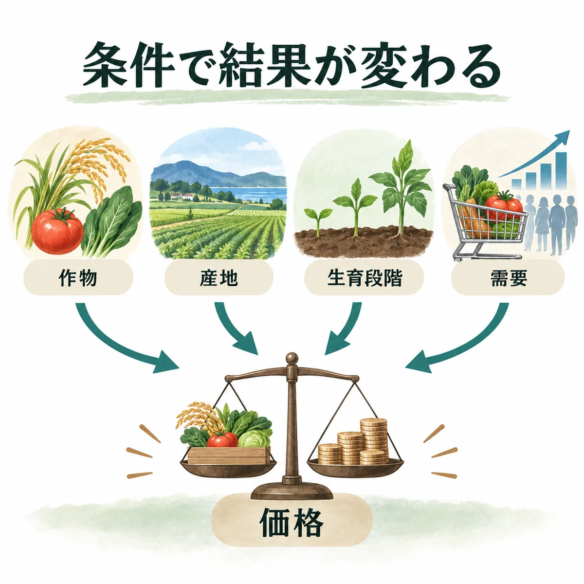 作物、産地、生育段階、需要によって価格への影響が変わる統合図