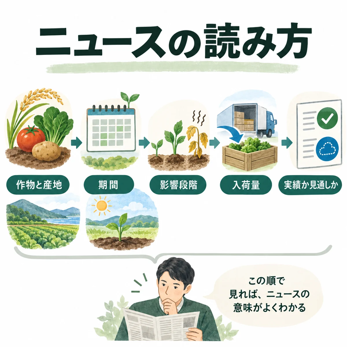 作物と産地、期間、影響段階、入荷量、実績か見通しかを確認する完全版